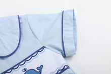 Load image into Gallery viewer, Blue Whale Smocked Collared Bubble Romper

