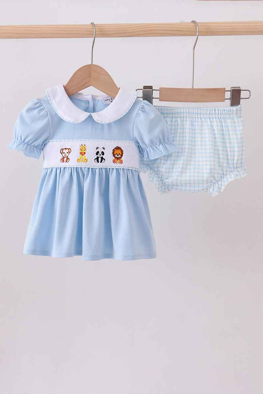 Blue zoo animal embroidery gingham puff sleeve bloomer set - Abbies Place