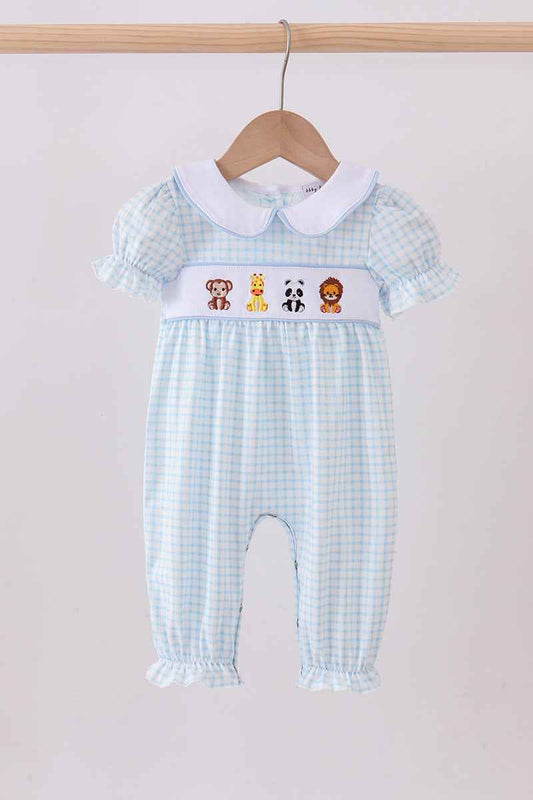 Blue zoo animal embroidery gingham puff sleeve romper - Abbies Place