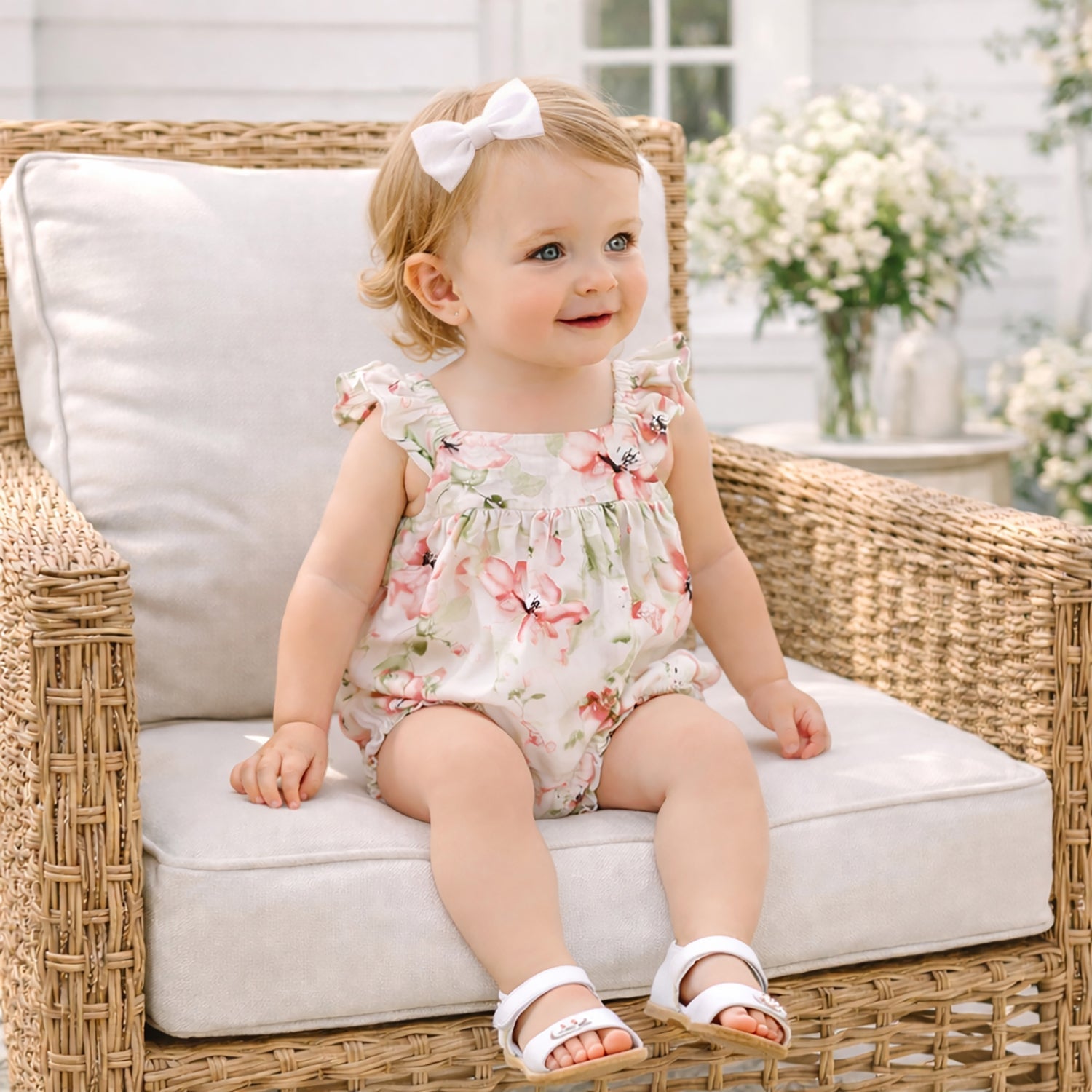 Blush Bouquet Baby Girl Floral Cotton Linen Sunsuit - Abbies Place