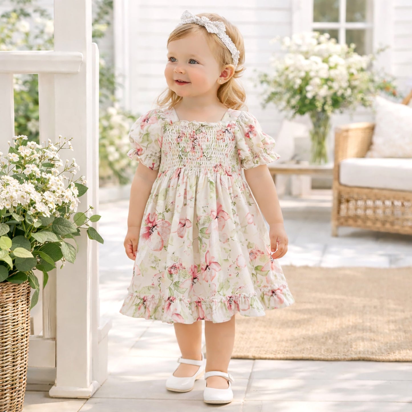 Blush Bouquet Smocked Bodice Puff Sleeve Dress - Abbies Place
