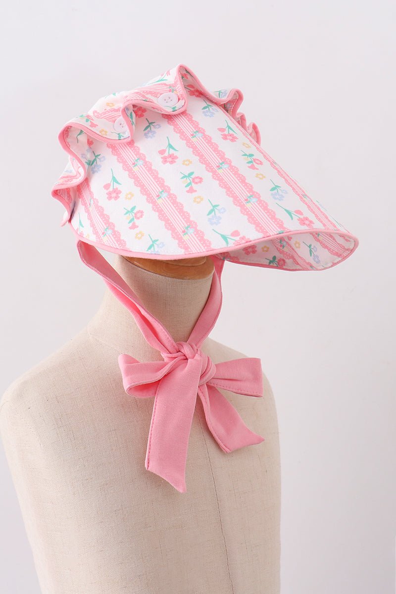 Blush floral ruffle bow bonnet - Abbies Place