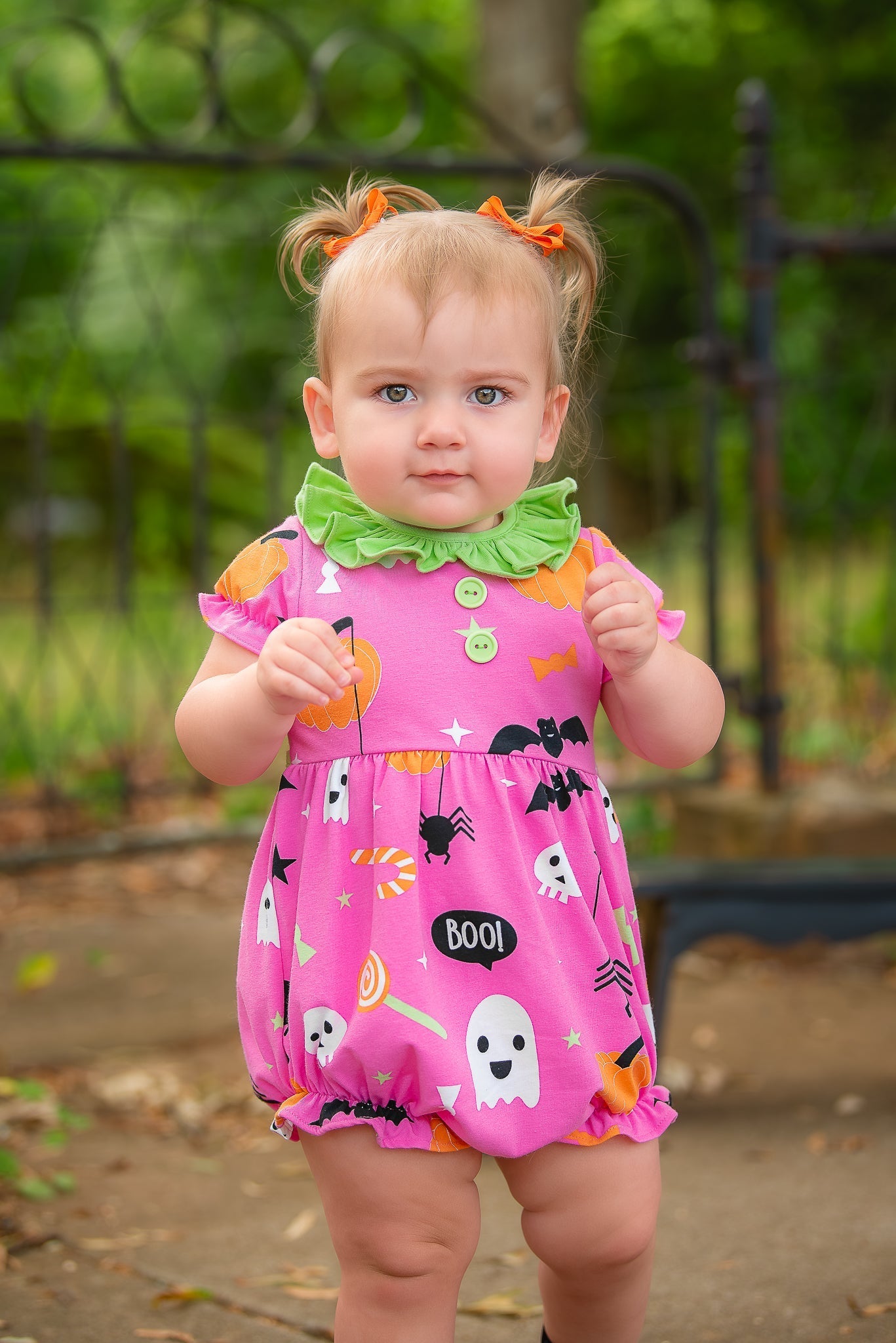 Boo! Pink Knit Halloween Print Bubble with Lime Green Ruffle Collar - Abbies Place