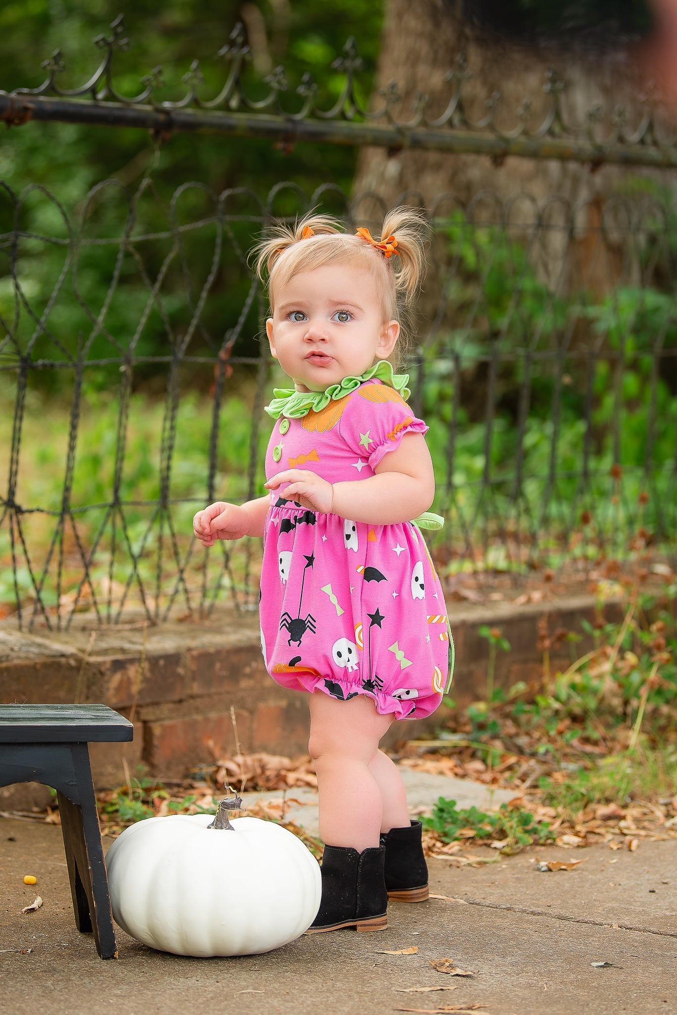 Boo! Pink Knit Halloween Print Bubble with Lime Green Ruffle Collar - Abbies Place