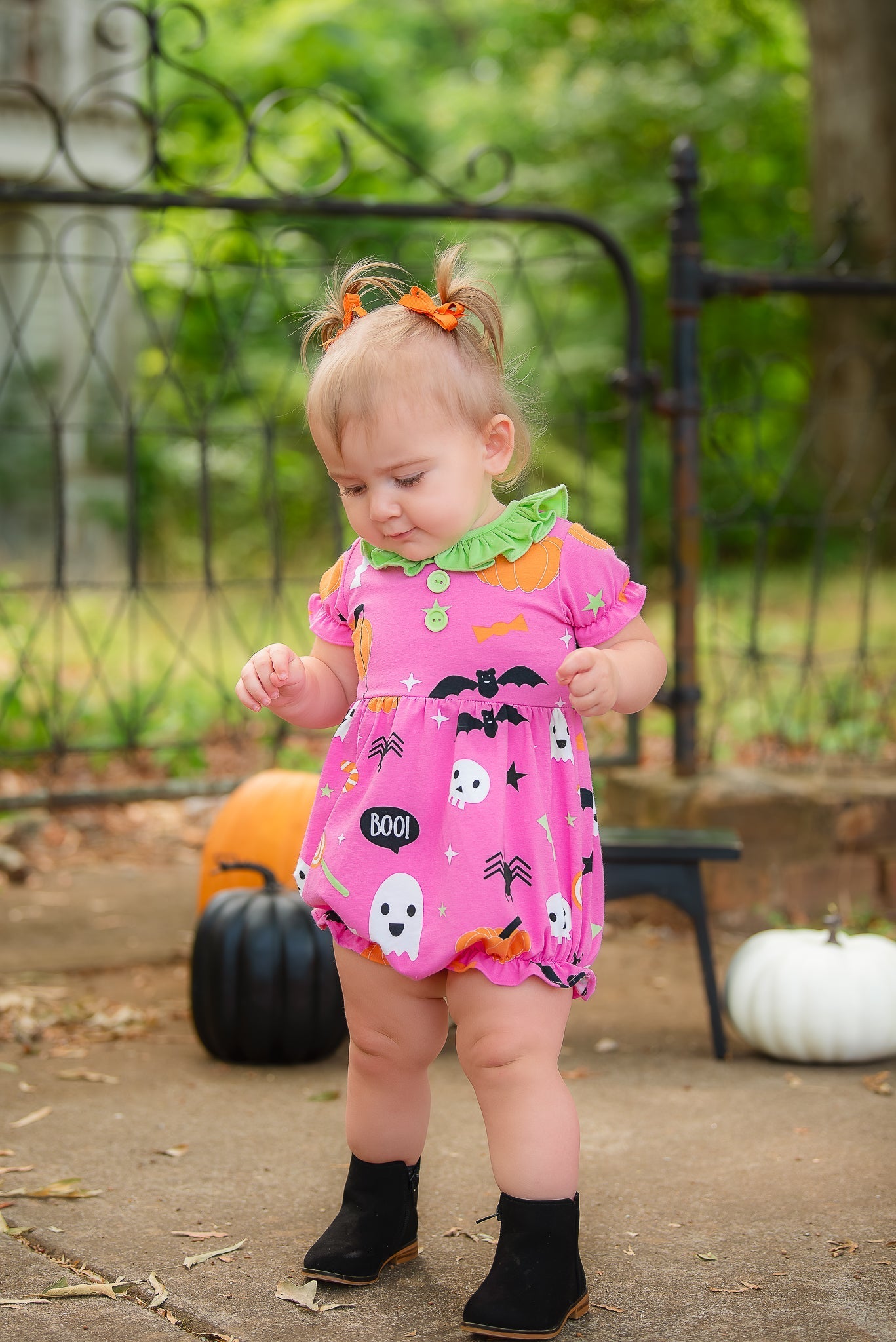 Boo! Pink Knit Halloween Print Bubble with Lime Green Ruffle Collar - Abbies Place