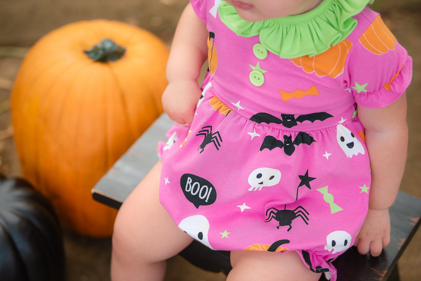 Boo! Pink Knit Halloween Print Bubble with Lime Green Ruffle Collar - Abbies Place