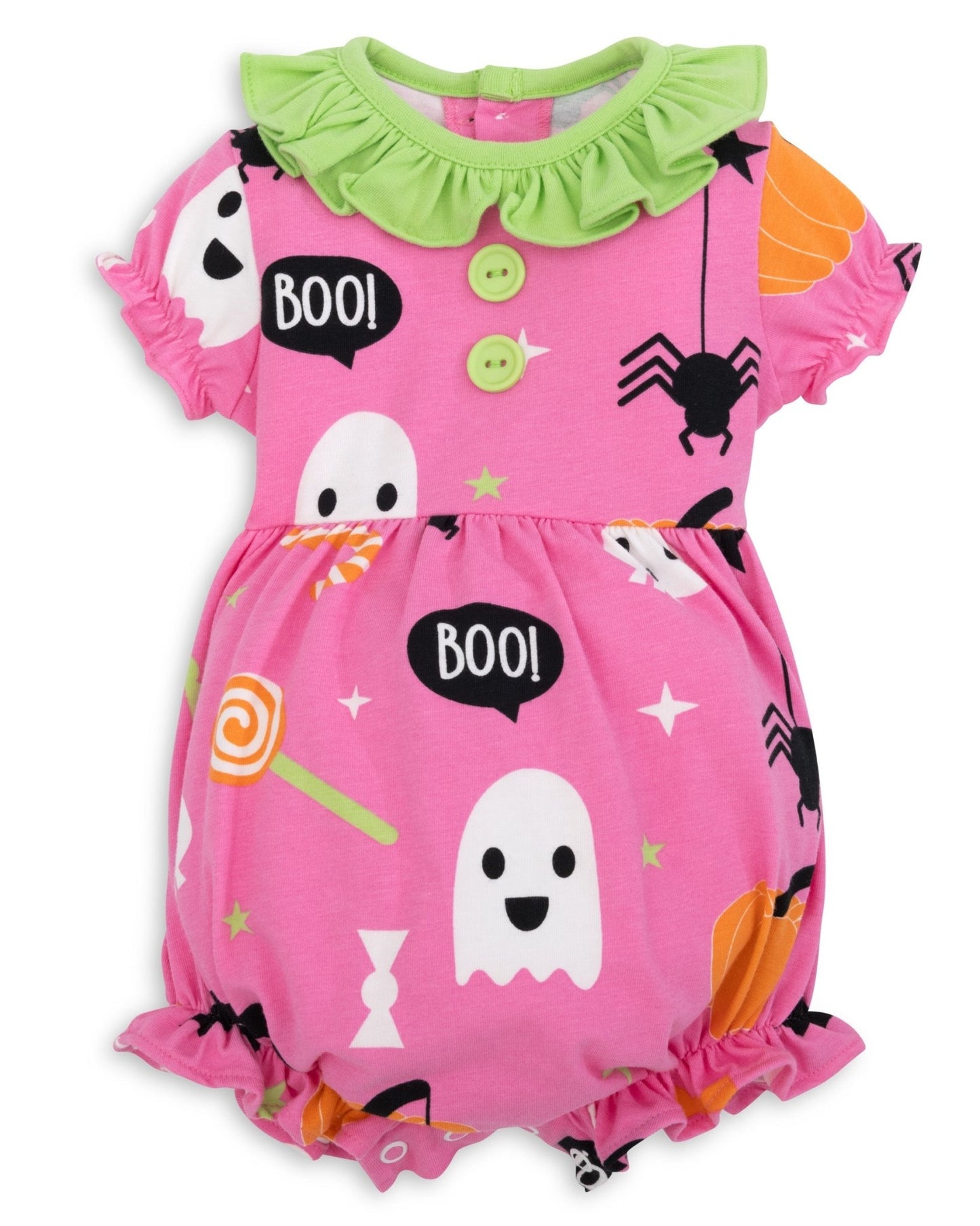 Boo! Pink Knit Halloween Print Bubble with Lime Green Ruffle Collar - Abbies Place