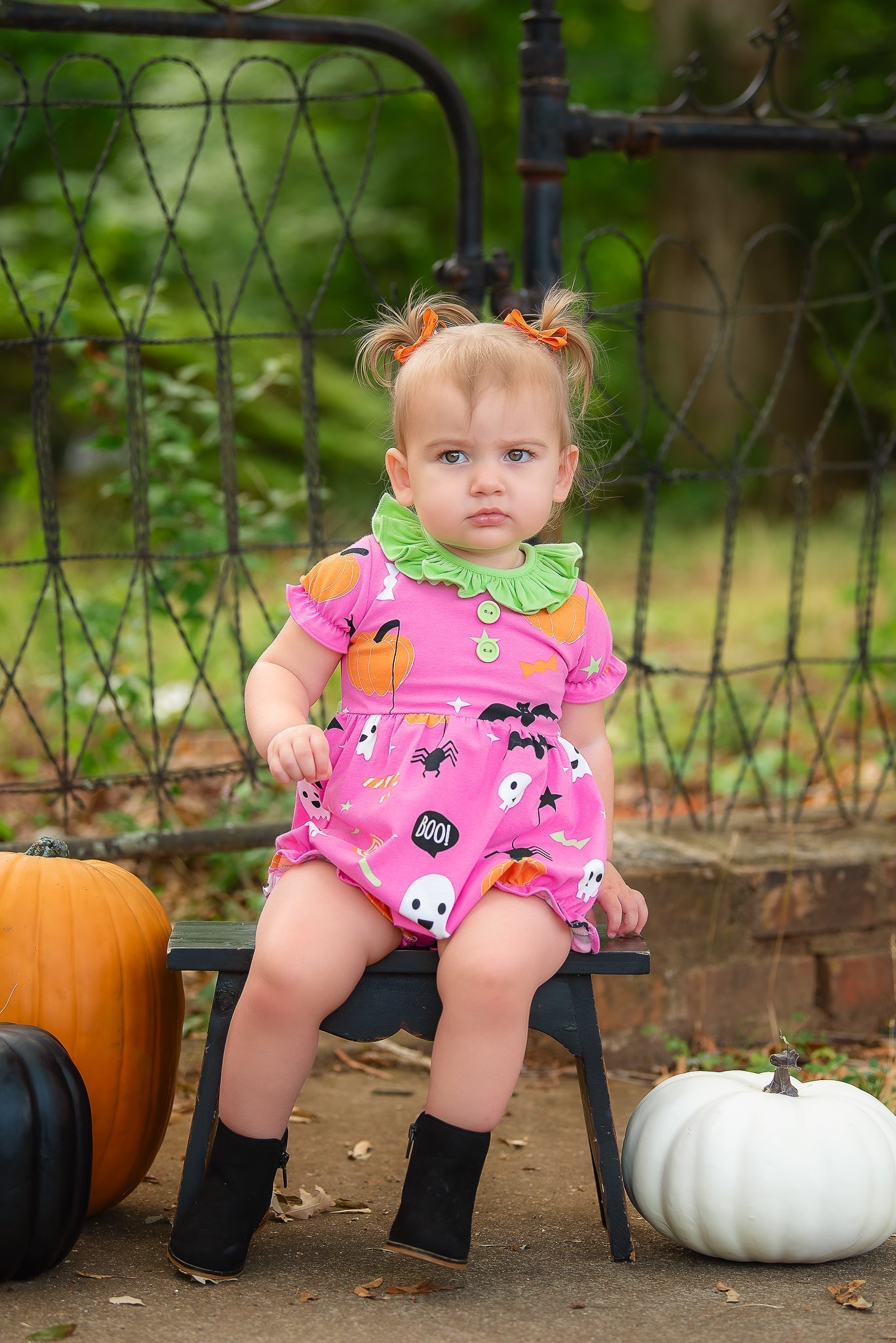 Boo! Pink Knit Halloween Print Bubble with Lime Green Ruffle Collar - Abbies Place