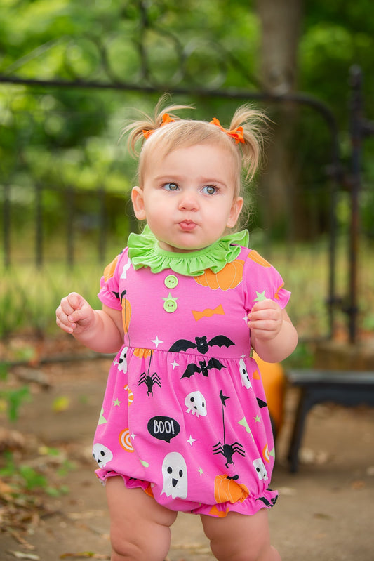 Boo! Pink Knit Halloween Print Bubble with Lime Green Ruffle Collar - Abbies Place