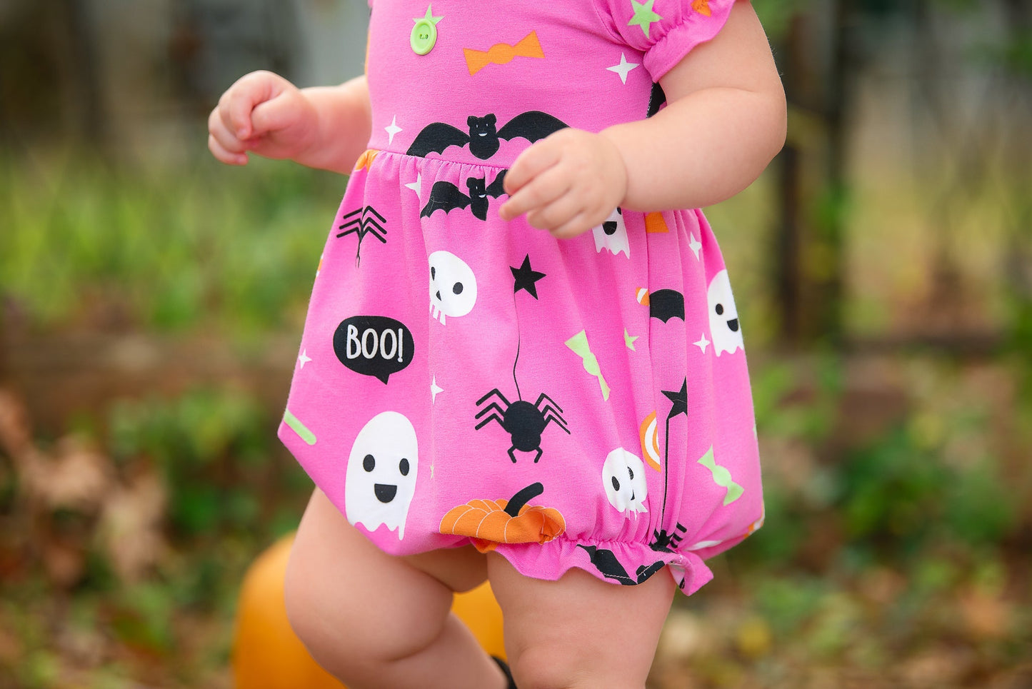 Boo! Pink Knit Halloween Print Bubble with Lime Green Ruffle Collar - Abbies Place