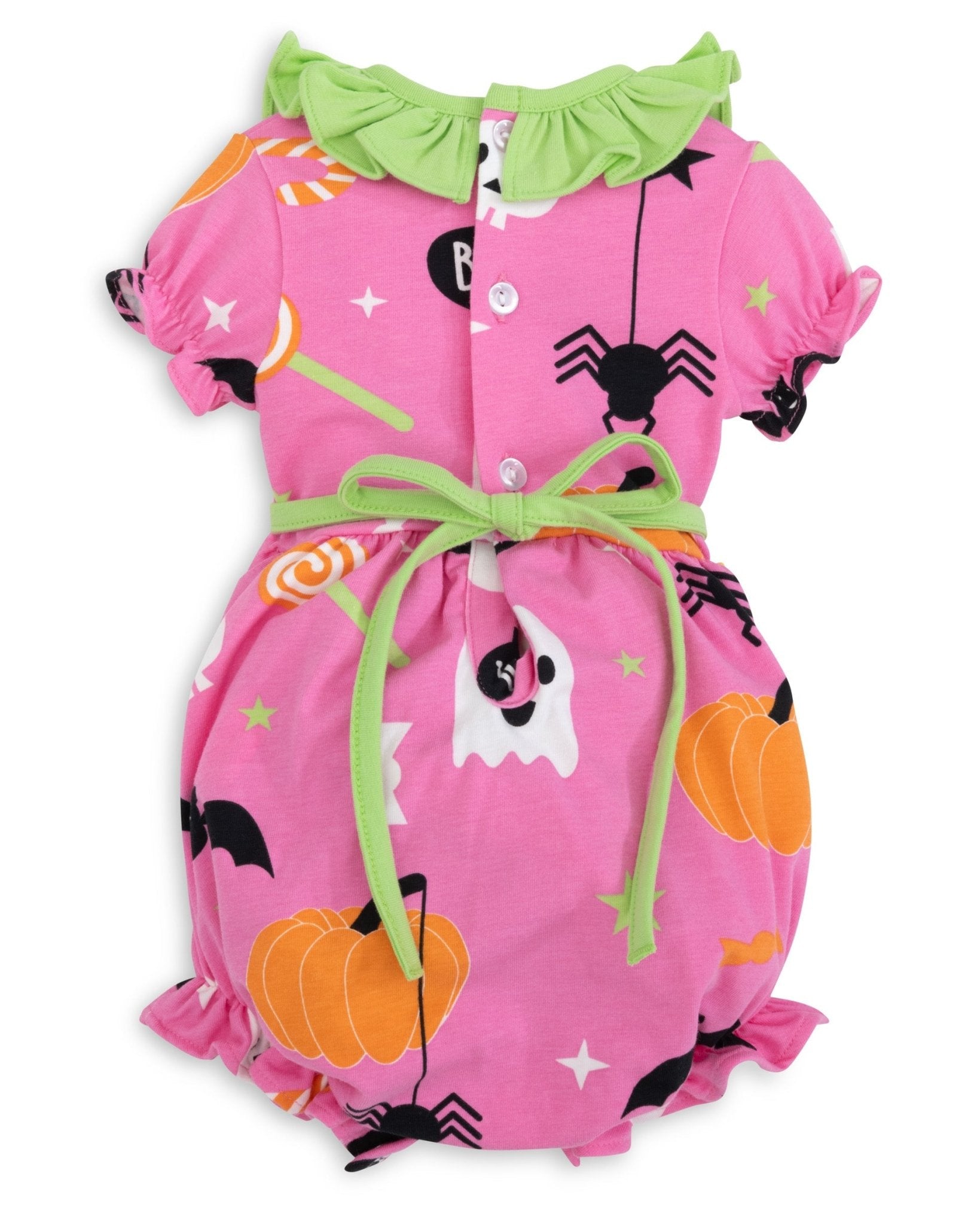 Boo! Pink Knit Halloween Print Bubble with Lime Green Ruffle Collar - Abbies Place