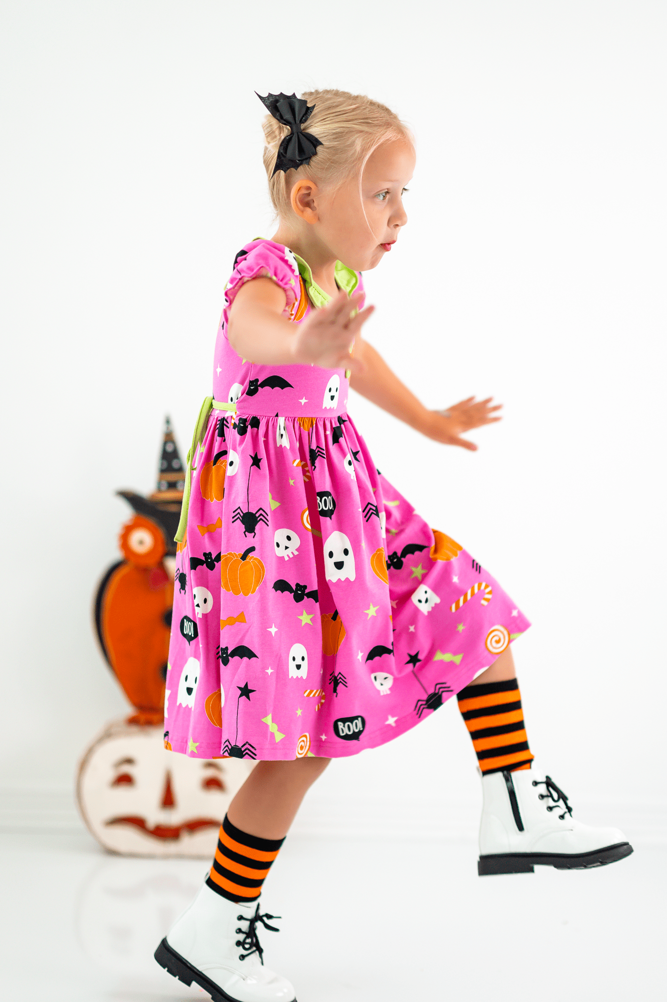 Boo! Pink Knit Halloween Print Swing Dress with Lime Green Ruffle Collar - Abbies Place