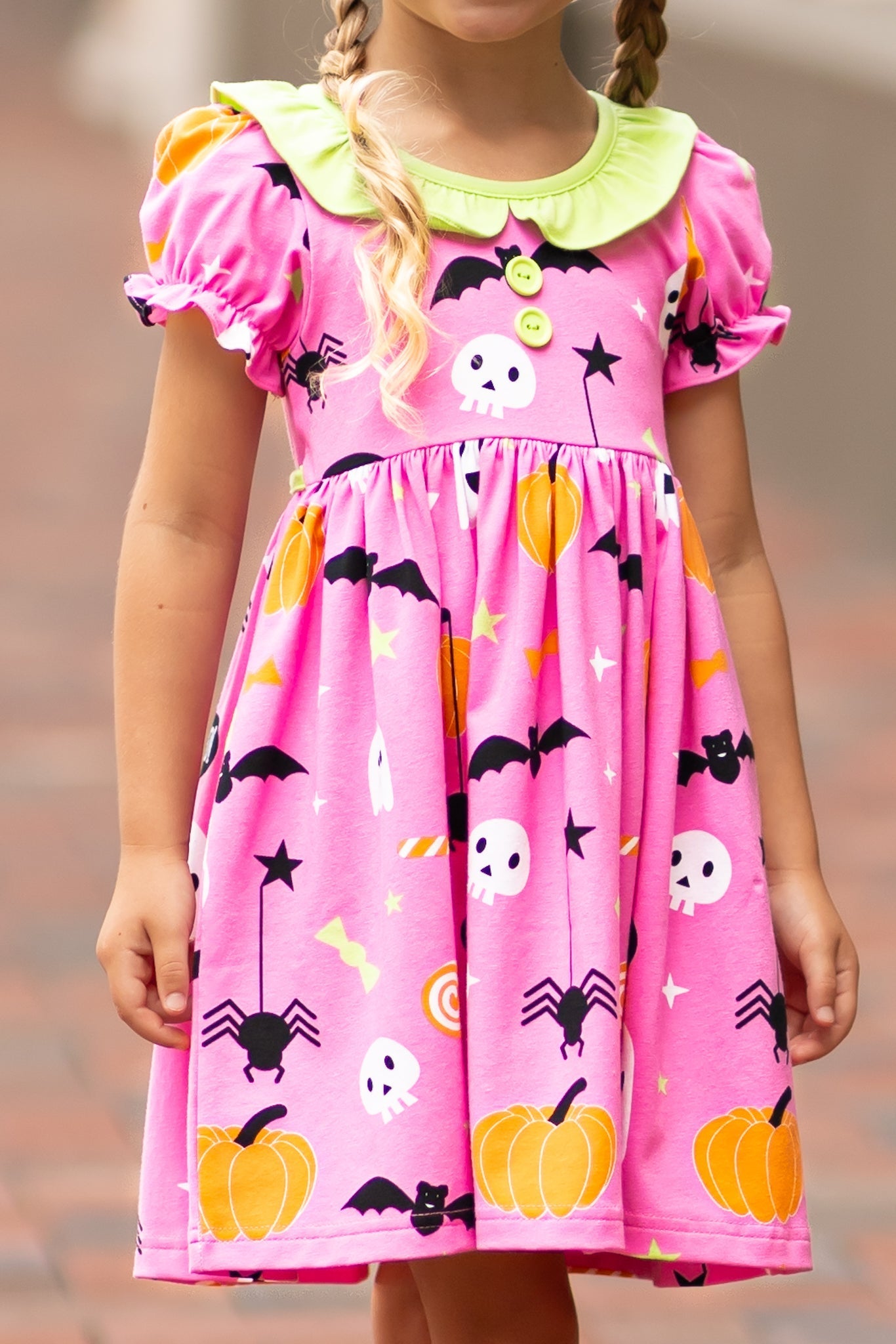 Boo! Pink Knit Halloween Print Swing Dress with Lime Green Ruffle Collar - Abbies Place