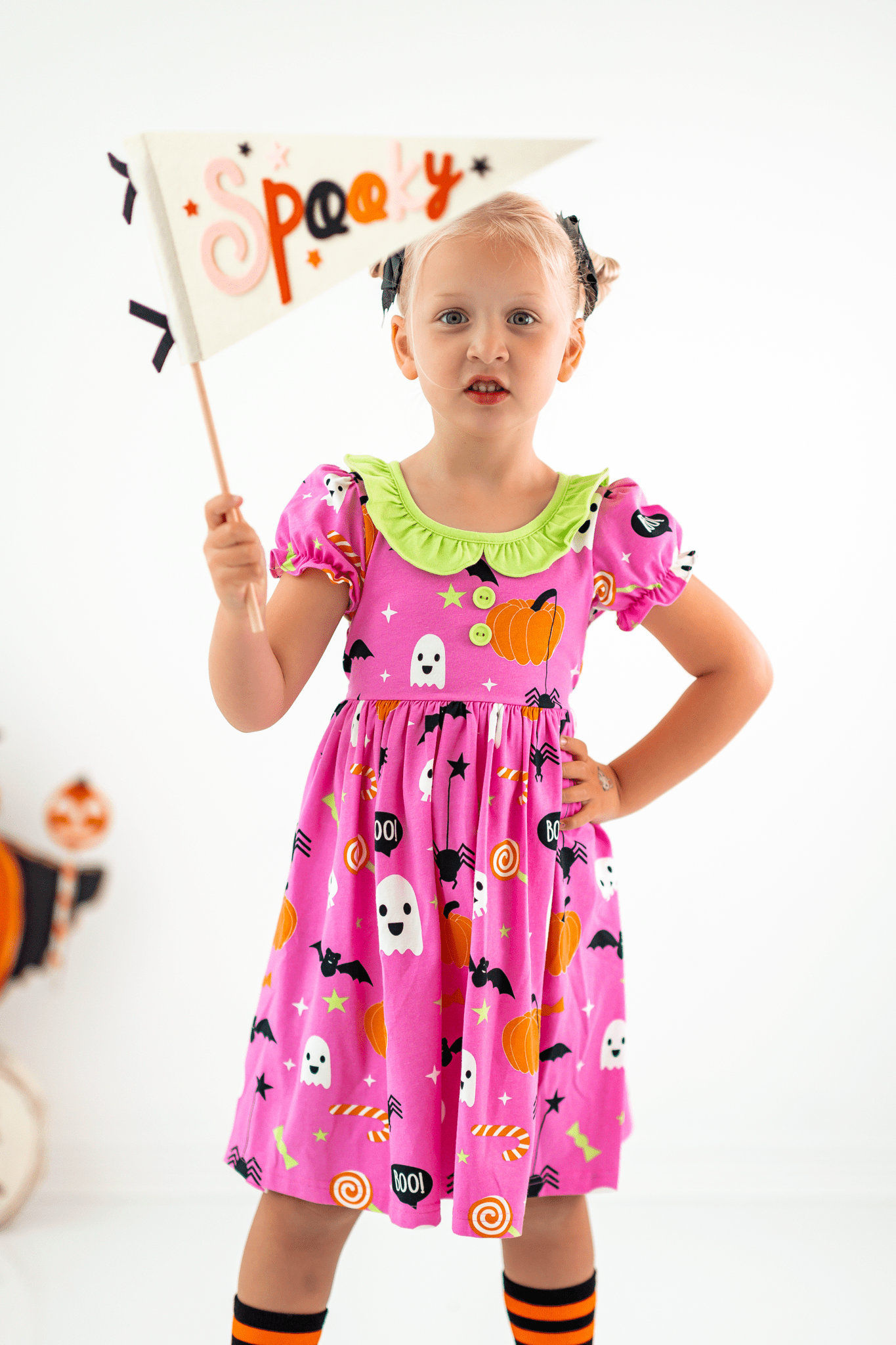 Boo! Pink Knit Halloween Print Swing Dress with Lime Green Ruffle Collar - Abbies Place