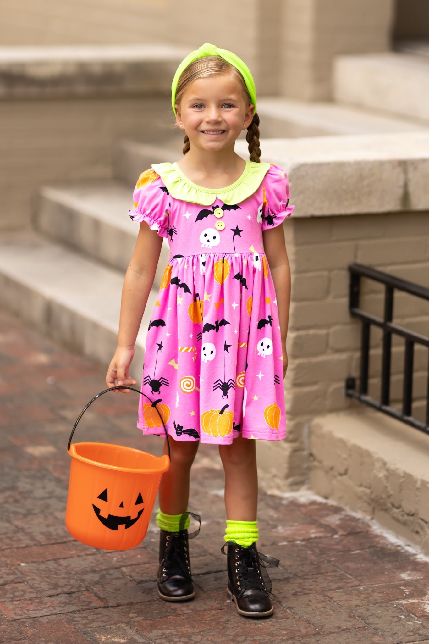 Boo! Pink Knit Halloween Print Swing Dress with Lime Green Ruffle Collar - Abbies Place