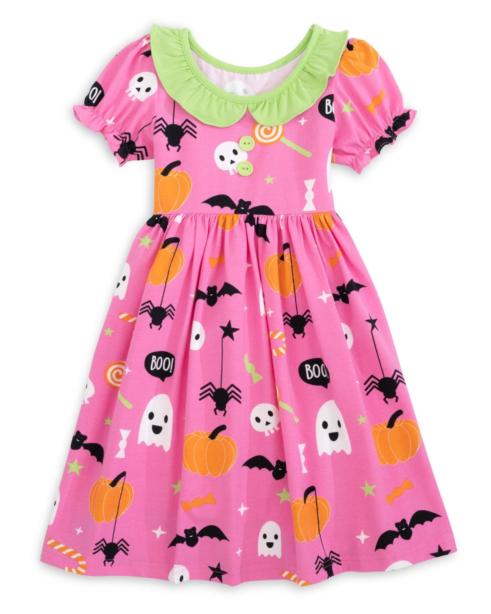 Boo! Pink Knit Halloween Print Swing Dress with Lime Green Ruffle Collar - Abbies Place