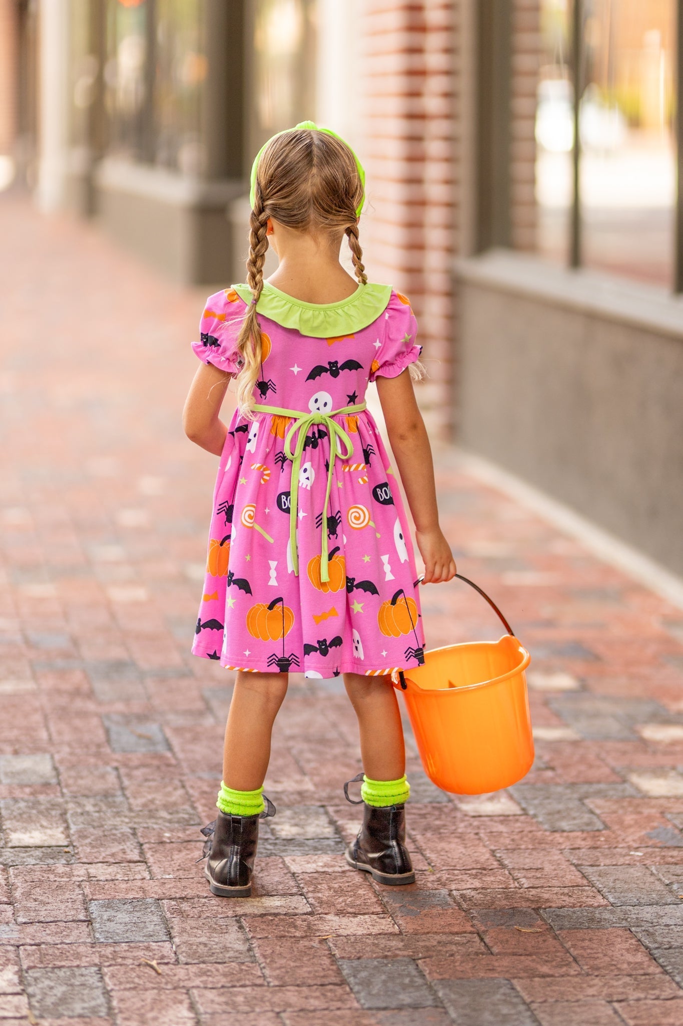 Boo! Pink Knit Halloween Print Swing Dress with Lime Green Ruffle Collar - Abbies Place