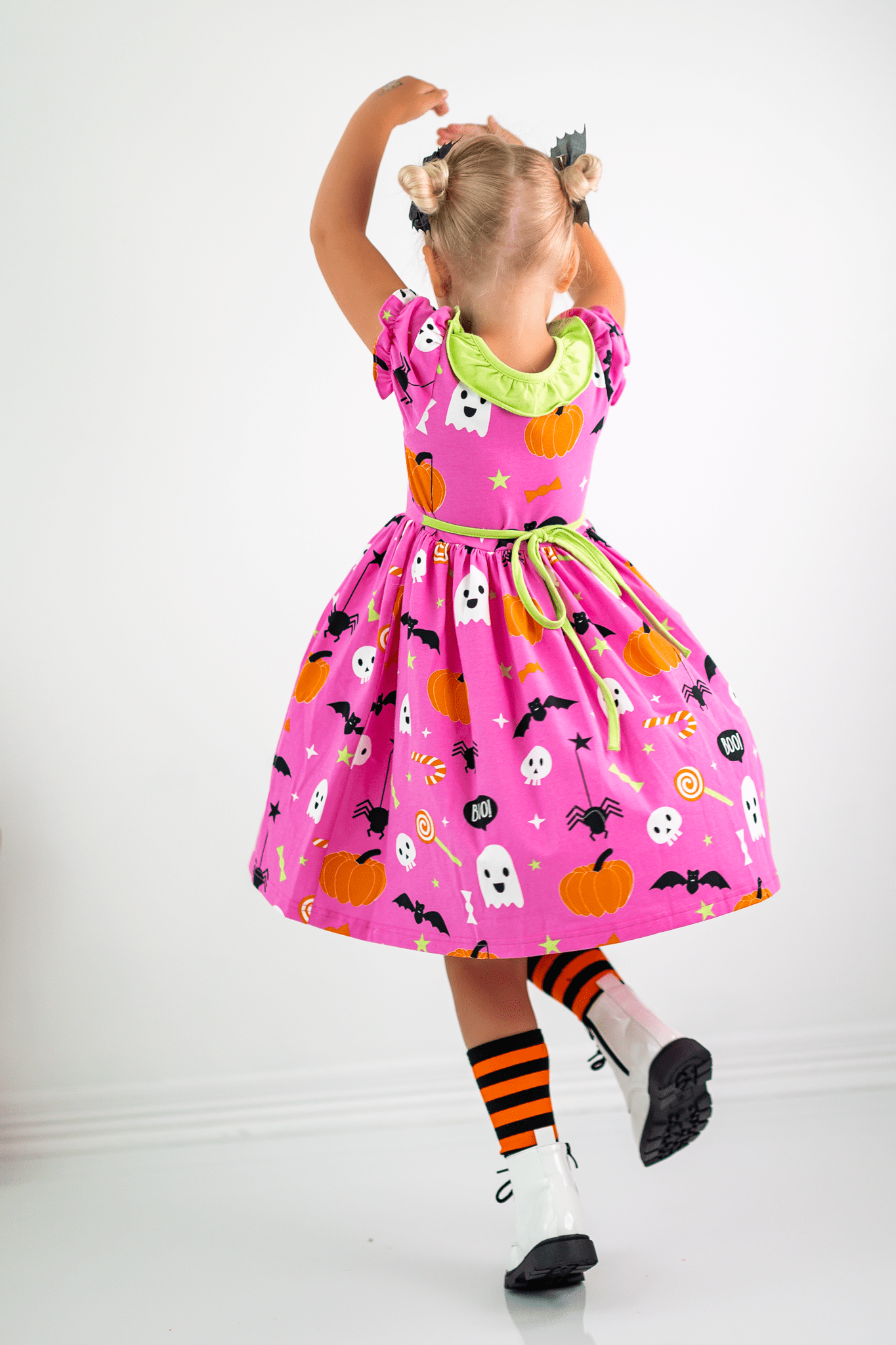 Boo! Pink Knit Halloween Print Swing Dress with Lime Green Ruffle Collar - Abbies Place