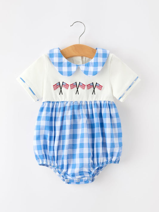 Boys 4th of July Plaid Romper Embroidery Petals Collar - Abbies Place
