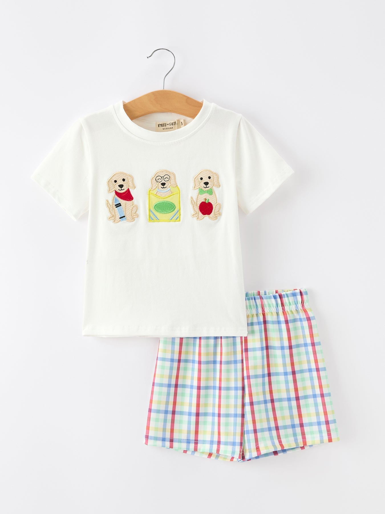 Boys Back To School Dog Plaid Short Set Applique - Abbies Place