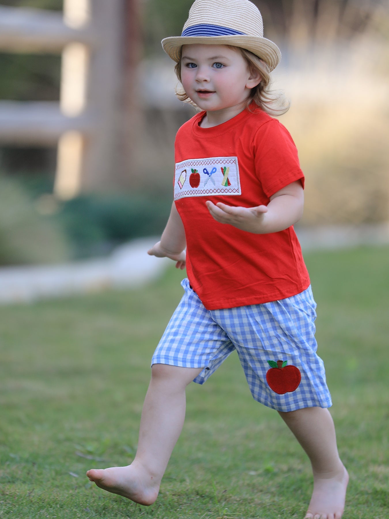 Boys Back to School Pencil Apple Applique Plaid Shorts Set - Abbies Place