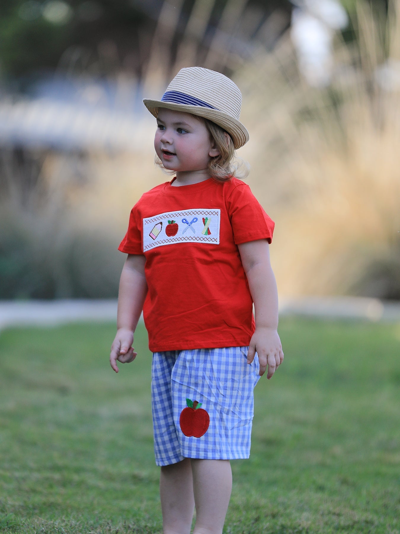 Boys Back to School Pencil Apple Applique Plaid Shorts Set - Abbies Place