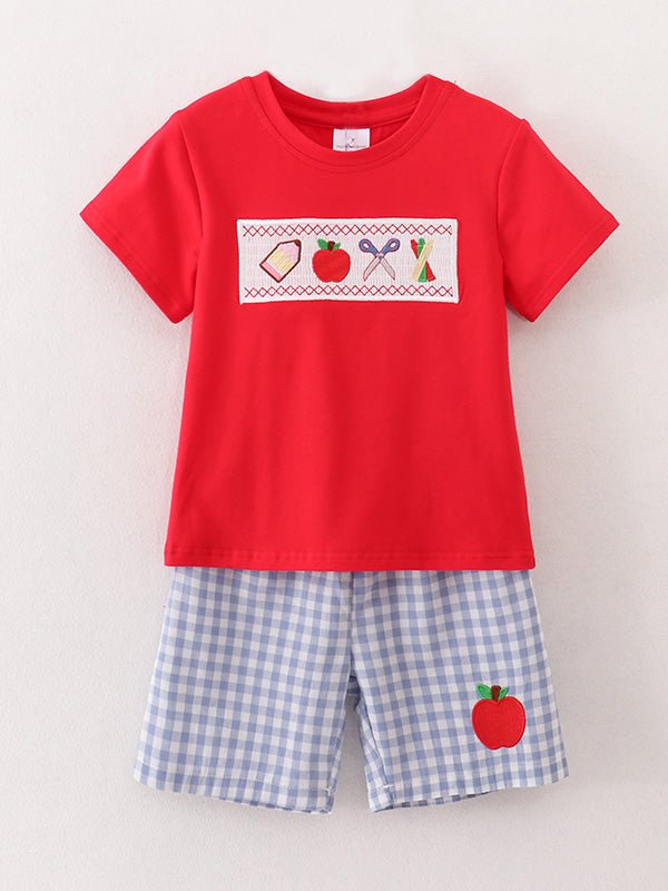 Boys Back to School Pencil Apple Applique Plaid Shorts Set - Abbies Place