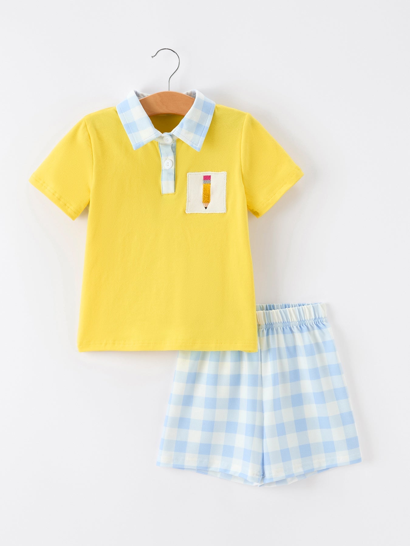 Boys Back To School Pencil Plaid Polo Short Set Embroidery - Abbies Place