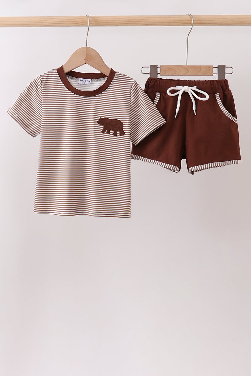 Brown Bear Stripe Embroidered Set - Abbies Place