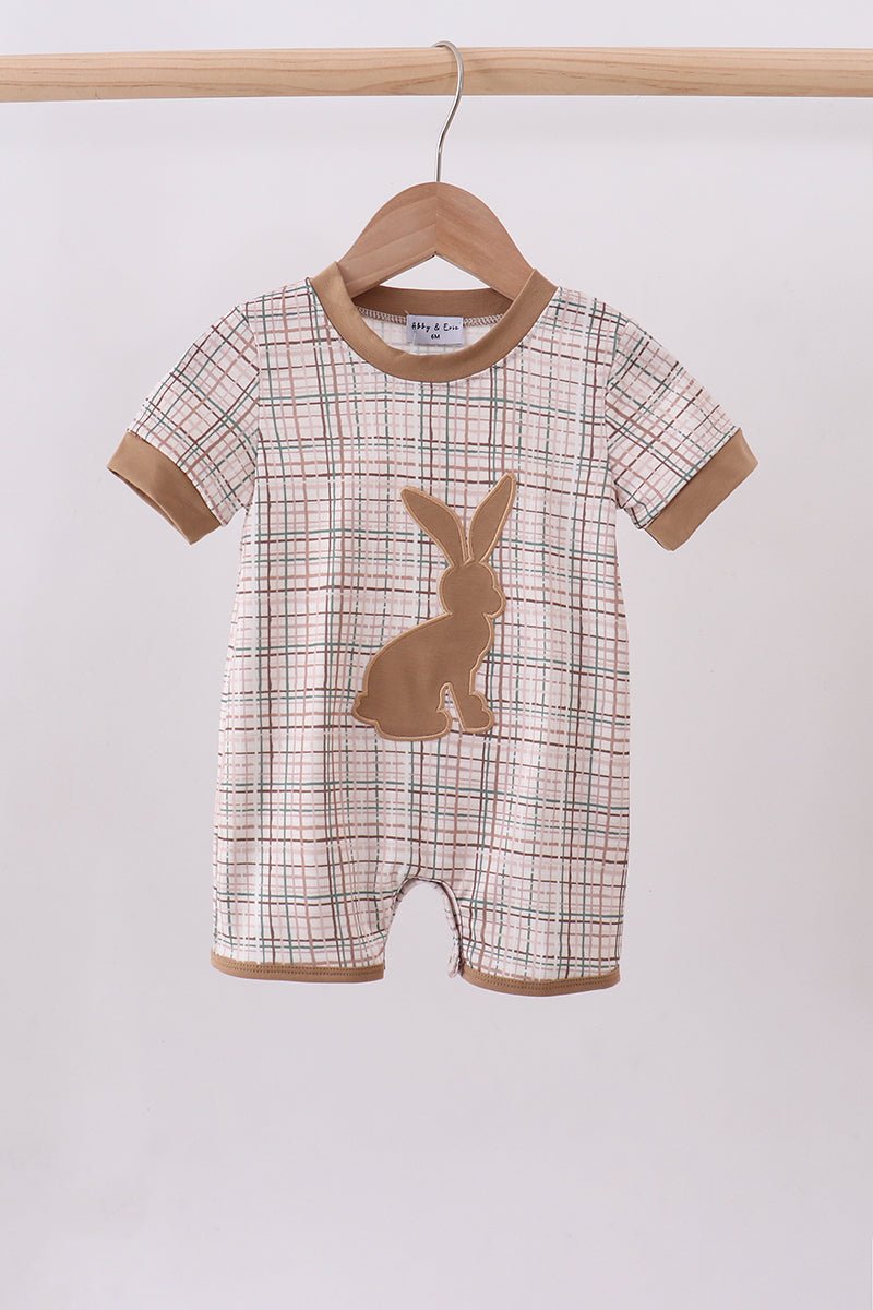 Brown bunny applique plaid romper - Abbies Place