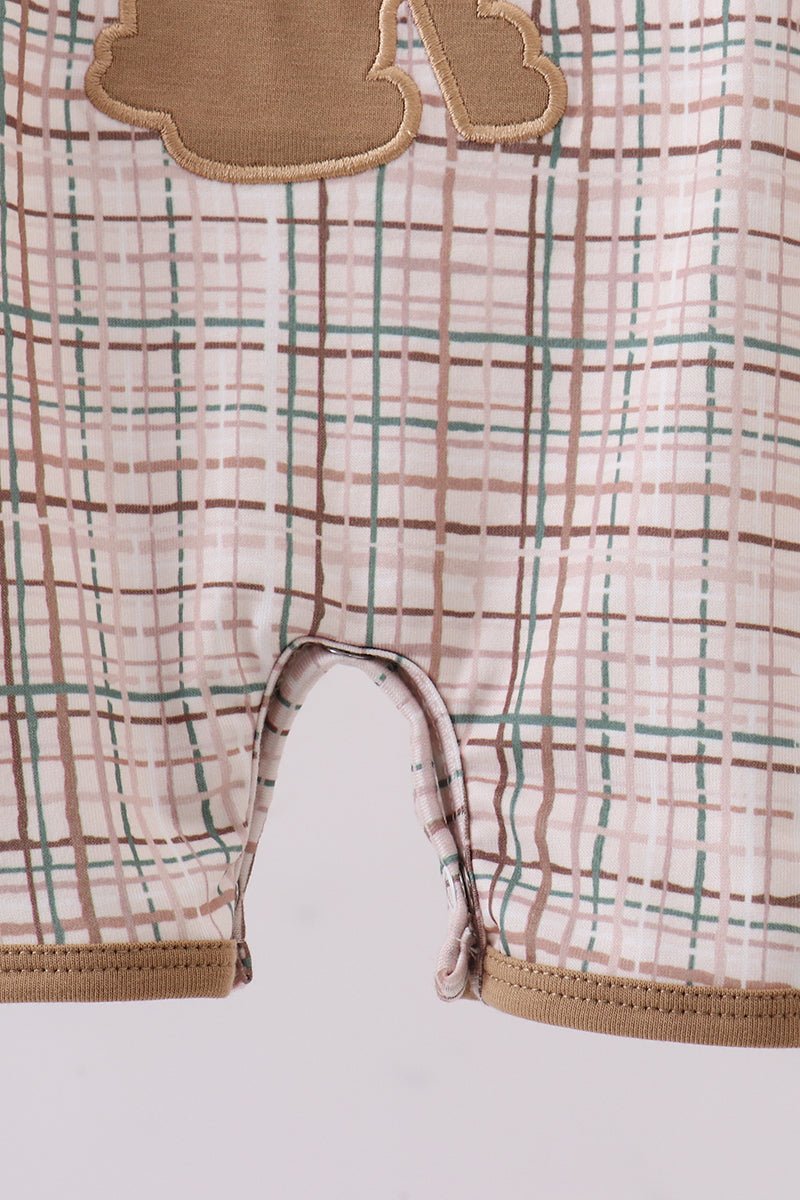 Brown bunny applique plaid romper - Abbies Place