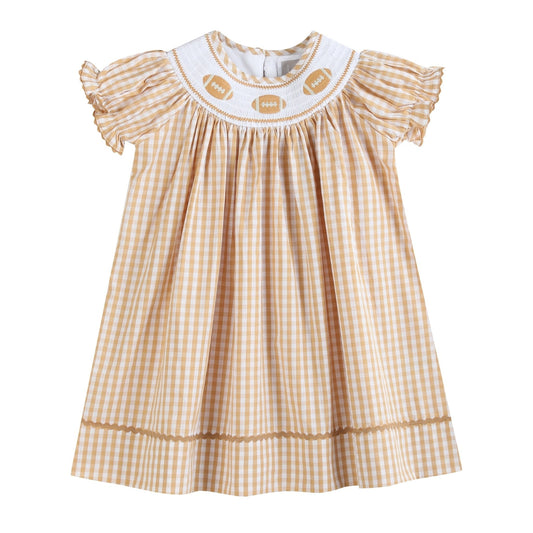 Brown Gingham Football Smocked Bishop Dress - Abbies Place
