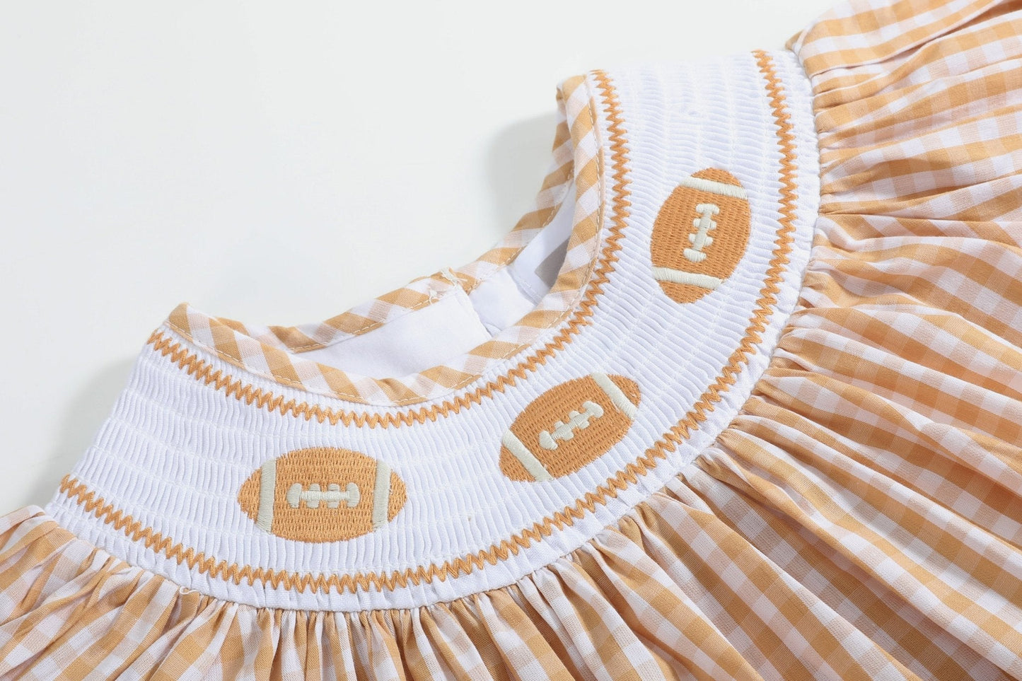 Brown Gingham Football Smocked Bishop Dress - Abbies Place