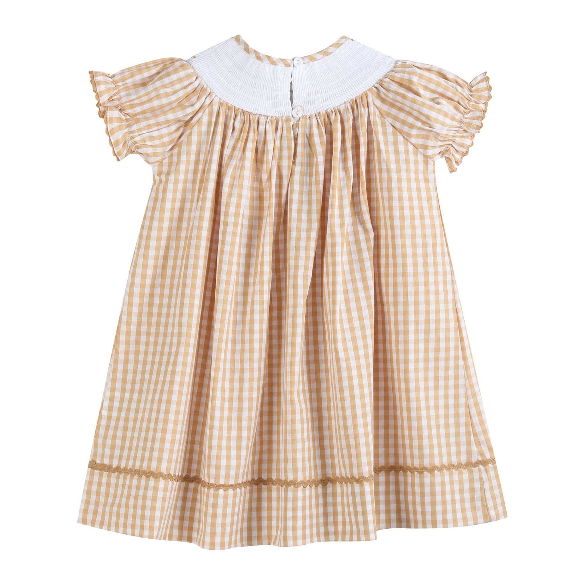 Brown Gingham Football Smocked Bishop Dress - Abbies Place