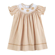 Brown Gingham Football Smocked Bishop Dress