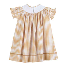 Load image into Gallery viewer, Brown Gingham Football Smocked Bishop Dress
