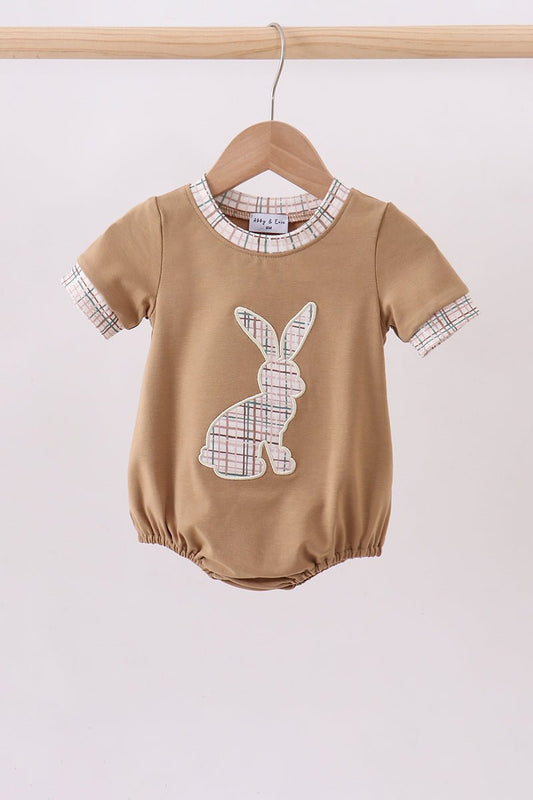 Brown plaid bunny applique bubble - Abbies Place