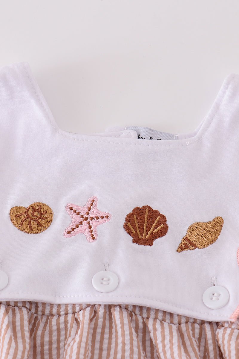 Brown Shell Starfish Embroidered Seersucker Bubble - Abbies Place