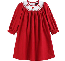 Load image into Gallery viewer, Red and White Santa Smocked Bishop Dress Long Sleeve-size chart attached with pictures - Image #1
