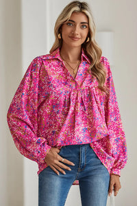 Bonbon Abstract Print Loose Fit Collared V Neck Babydoll Blouse - Image #7