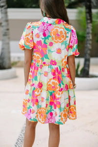 Women Floral Puff Sleeve Buttoned Babydoll Dress - Image #10