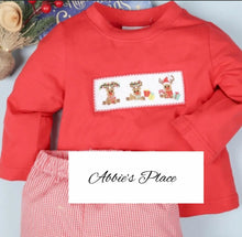 Load image into Gallery viewer, Reindeer Hand Smocked Boy Long Sleeve Shirt and Gingham Red Pants - Image #1
