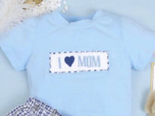 Load image into Gallery viewer, I Love Mom Hand Smocked Boys Set-size chart attached with pictures - Image #1
