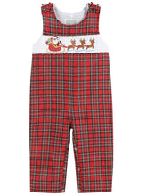 Load image into Gallery viewer, Preorder ETA 8/15-9/15-Red Christmas Plaid Santa Smocked Overalls-size chart attached with pictures - Image #1
