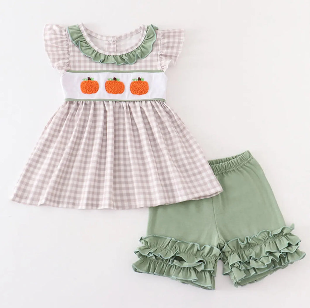 Green plaid french knot pumpkin girl set - Image #1