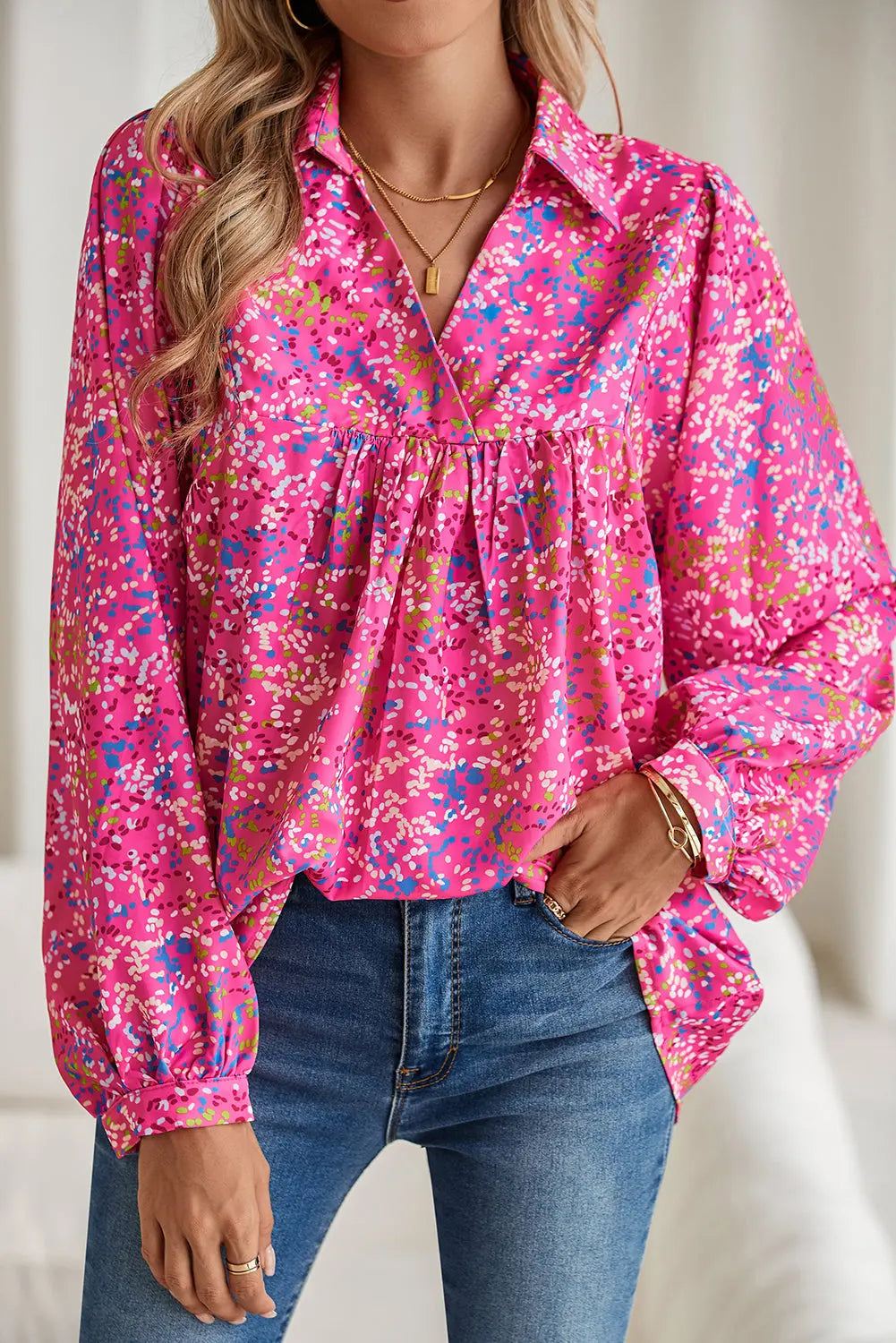 Bonbon Abstract Print Loose Fit Collared V Neck Babydoll Blouse - Image #1