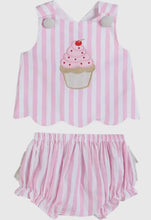 Load image into Gallery viewer, Pink Stripe Cupcake Applique Top &amp;
Bloomer Set - Image #1
