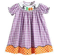 Load image into Gallery viewer, Purple Gingham Halloween Boo Smocked Bishop Dress - Image #1
