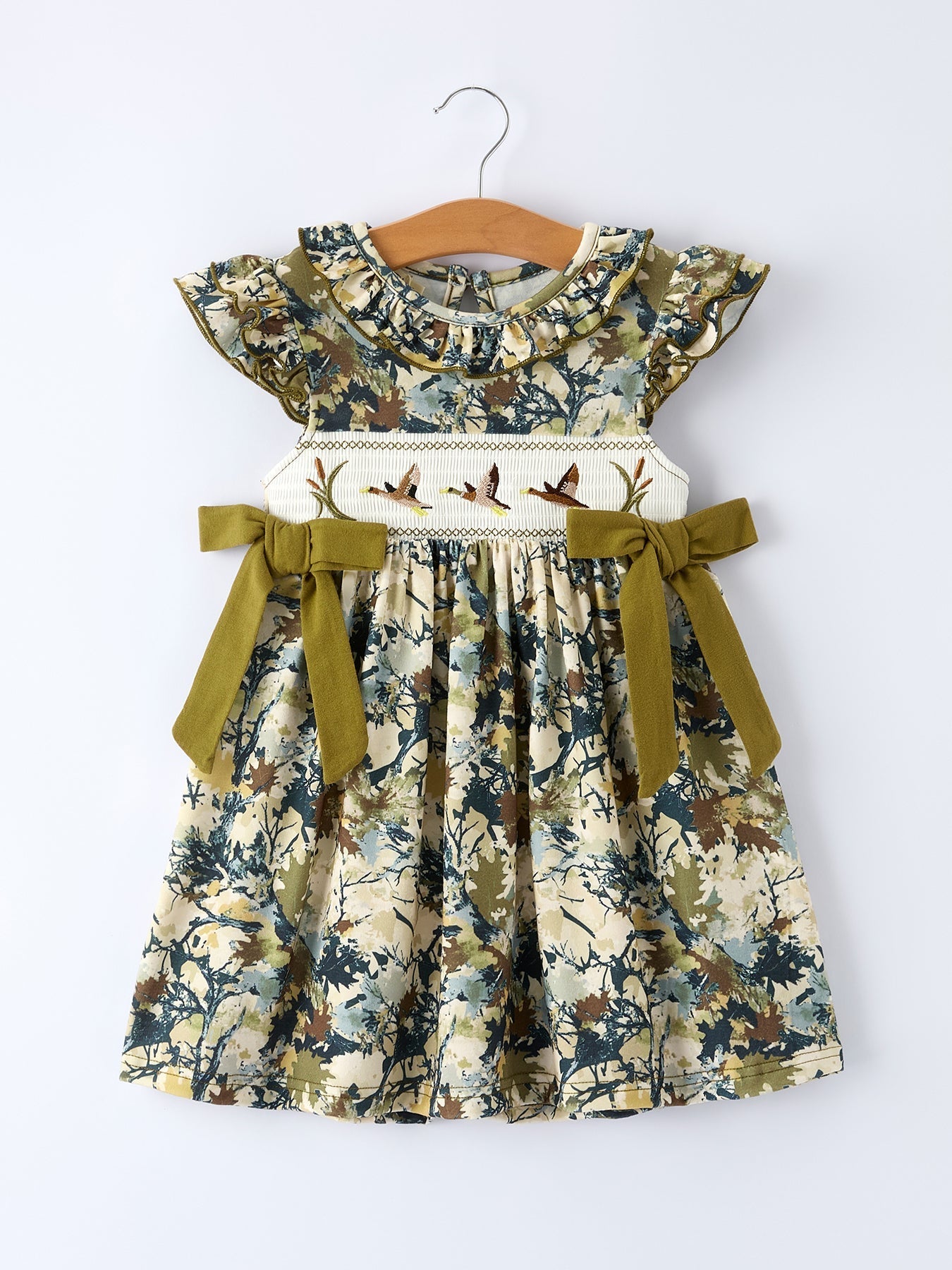Camo Duck Smocked Bow Ruffle Sleeves Girls Dress - Abbies Place
