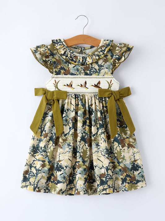 Camo Duck Smocked Bow Ruffle Sleeves Girls Dress - Abbies Place